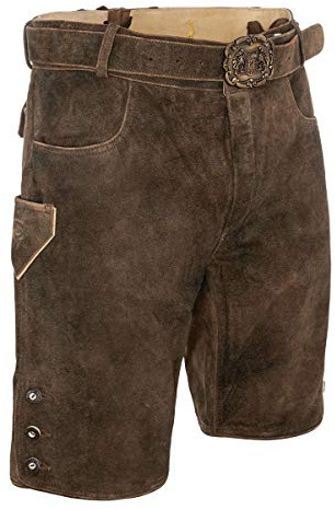Almsach Herren Kurze Herren Lederhose mit Reißverschluss Gürtel mit Bayernwappen braun, moor, 56
