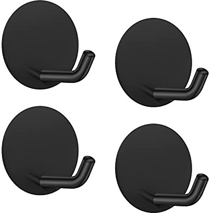 LJLink Black Self Adhesive Hooks Holder for Key Towel Robe Coat Hat, Stainless Steel No Drill No Screw Hooks for Kitchen Bathrooms Lavatory Closet Round 4 Packs