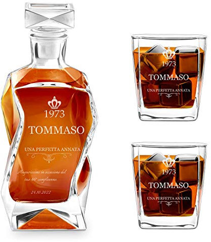 Maverton Set Decanter per Whisky in vetro - da 700 ml - incisione personalizzata - Caraffa con 2/4/ 6 bicchieri - idea regalo per il compleanno - per l’ uomo - Un’ottima annata