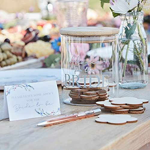 JGA Gästebuch Alternative Glas Advice for the Bride Glas mit Holzdeckel & 30 Holz-Scheiben zum Beschriften Hochzeits-Gästebuch Junggesellenabschied Junggesellinnenabschied Braut Accessoires Zubehör