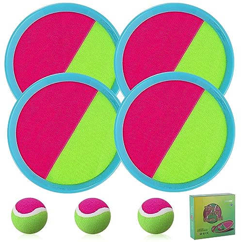 Bufeeaye Outdoor Games for Kids - Outside Toys for Kids Ages 4-8, Toss and Catch Ball Set, with 4 Paddles 3 Balls, and 1 Storage Bag, Yard Games Boys Girls Birthday Gifts New Year Gifts- 4 Blue