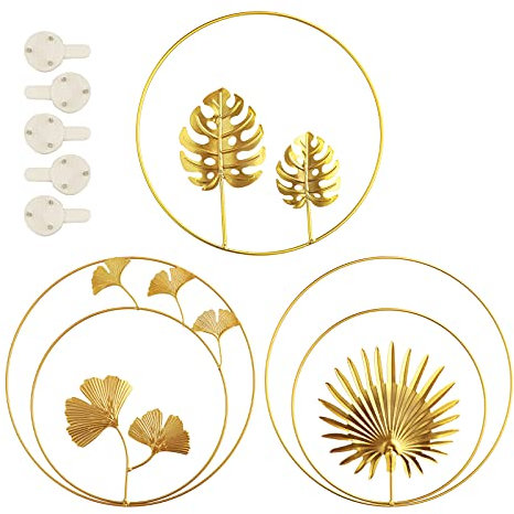 ZWPARTS Dekorative Wandskulpturen aus Eisen, 3 Stück, 3D-Wanddekoration aus Metall, runde Blätter, Wandfigur, Natur, Gingko Biloba, Kunst, hängend, für Wohnzimmer Schlafzimmer