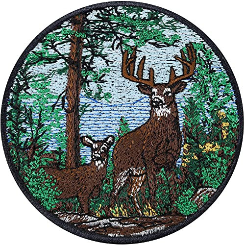 Hirsch im Wald Aufnäher wetterfester Aufkleber Gesticktes Bügelbild Jäger Aufbügler Jagdabzeichen Wild Jagd Naturfreunde Deer Patch Applikation Flicken zum annähen/aufbügeln | 80x80mm