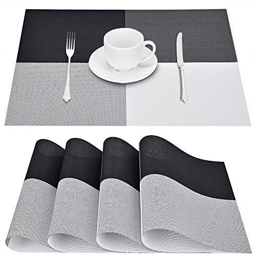 GIVERARE Platzsets 4er Set, Hitzebeständige Gewebte Vinyl Platzdeckchen, rutschfest Abwaschbar PVC Tischunterlage, Premium Kunststoff Tischmatten für Esstisch, Küchentisch (Schwarz+Weiß)