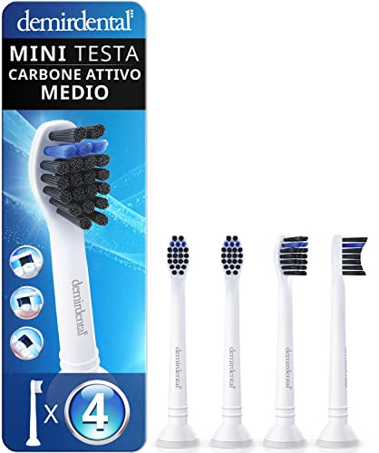 4er Ersatzbürsten passend für Philips Sonicare, Mini Aktivkohle Medium | Kleine mittelharte Aufsteckbürsten, natürliche Reinigung, schadstoffgeprüft, inkl. 4 Schutzkappen & 4 Farbringe, Weiß