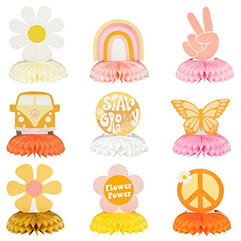 A1DIEE 9Pcs Groovy Hippie Boho Party Honeycomb Centerpieces Retro Boho Regenbogen Daisy Blume Schmetterling Frieden Thema Tabelle Topper Geburtstag Party Dekoration für Mädchen Teens Baby Dusche