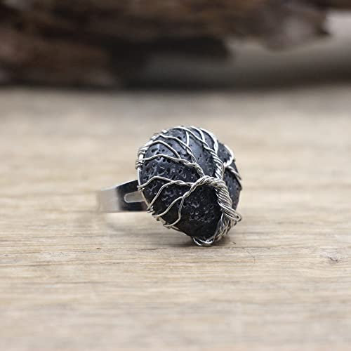 HGJH Bague Femme, Silver Winding Round Tree of Life/Adjustable Rings/Black Lava Stone/Natural Stone Open Rings Reiki Stones Gem Jewelry for Women Girl Wedding Jewelry Gift