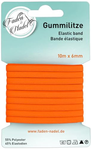 Faden & Nadel 6 mm Gummilitze : elastisches Gummiband, 10 m lang, Kochfest u. bügelbar, (Neon-Orange)