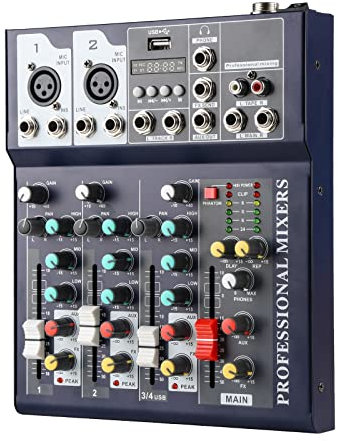 Audio Mixer Channel, Sounds Mixer for Streaming. Mixing Board Console With DJ Mixer 4 Channel, Usb Audio Interface and 48V Phantom Power Mixer, DJ Studio Sound Board with FX Reverb Delay Effect.