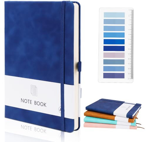 HMIEPRS Hardcover Leder Notizbuch A5 mit bunten Index Tabs, Liniertes Tagebuch Journal Notebook mit Stiftschlaufe und Elastischem Verschluss, Hardback Notizblock für Büro Business Schule (Dunkel Blau)
