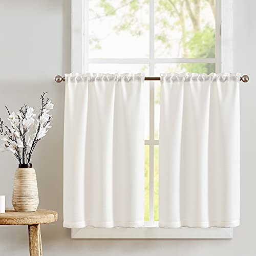 TOPICK Scheibengardine Halbtransparente Bistrogardine Privatsphäre Fenstervorhang Küchen Vorhänge Uni Kurzer Gardine Scheibengardinen Fensterschal für Wohnzimmer Landhaus 2er Set 70Bx60H(cm) Weiß