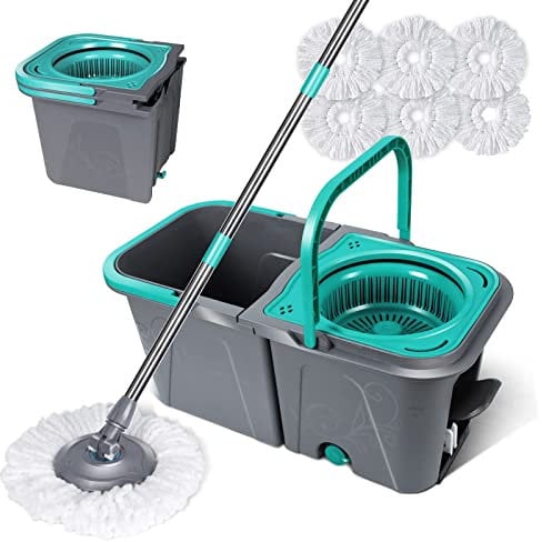 Masthome Balai à Frange et Seau à Pédale, Balai Serpillère Rotatif avec Système d'essorage Intégré, Seau Détachable avec 2 Compartiments pour Séparer l'eau Sale, Envoyer 6 Recharge en Microfibre, 6L