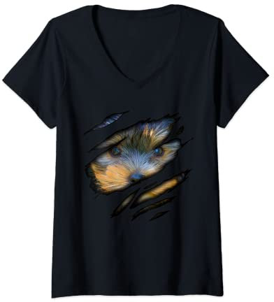 Damen Yorkshire Terrier in me T-Shirt, Hundehemd, Ahnentafel Hund T-Shirt mit V-Ausschnitt