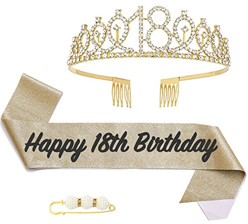 POPOYU 18 Geburtstag Krone und Schärpe,Krone 18. Geburtstag Mädchen,18.Geburtstag Tiara Goldfarben,krone 18.,18 Jahre Geburtstag Mädchen Kopfbedeckung für Geburtstagsgeschenk Partyzubehör