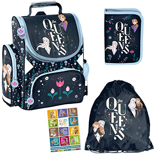 Goldkids Eiskönigin Frozen Schulranzen ergonomischer Ranzen Federmappe Turnbeutel Aufgabenheft für die Grundschule 4er Set. Geeignet ab der ersten Klasse der Grundschule.
