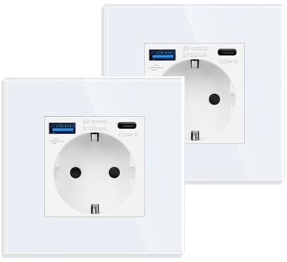 JIMEIDA 2 Pack Einzelsteckdose mit USB 20W Schnelles Laden in Weiß, 16Amp Glas Steckdosen mit USB Anschluss und Typ C Port, Unterputz Wandsteckdose-86mm, 250V, 1 Fach