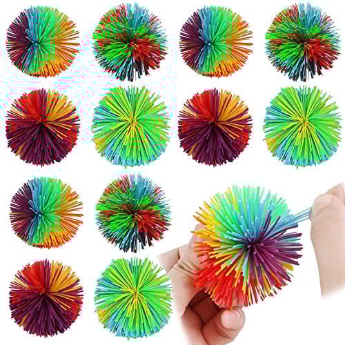 Stringy Balls 12 Stücke AFFE Stringy Balls wuschelball Sensory Fidget Regenbogen Bunt Pom Ball Zum Stressabbau Wuschelball Silikon Strähniger Bouncy Stress Balls Flauschiger Jugging Ball Sensorische