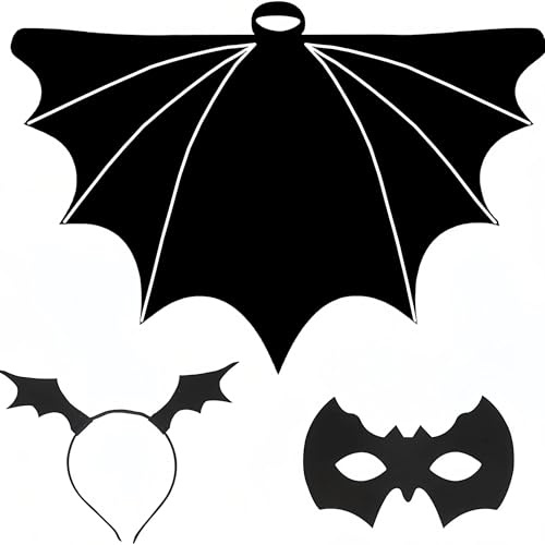 Veroda Fledermaus Kostüm Schwarz Fledermaus Flügel Umhang Haareif Augenmaske für Halloween Karneval Kostüm