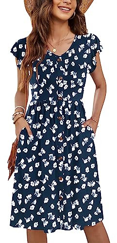 MOLERANI Button-Down Sommer Kleider Rüschen Ärmel V-Ausschnitt Casual Swing Elastische Taille Midi Kleid mit Taschen Dark Floral Navy L