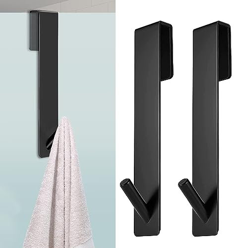 ChAusa 2 Stück Haken Duschwand, Türhaken für Duschwand, Duschhaken Ohne Bohren, Halterung für Duschabzieher Handtücher, mit Gummi Schutz, Edelstahl Haken für Glasstärken von 6-12mm (Schwarz)