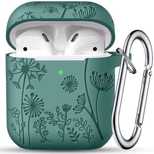 Maledan Blume Gravierte Hülle Kompatibel mit AirPods, Weich Elegant Silikon Stoßfest Hülle für Airpods 2 & 1 Generation Schutzhülle Case mit Karabiner [LED Sichtbar] für Damen, A-Kieferngrün