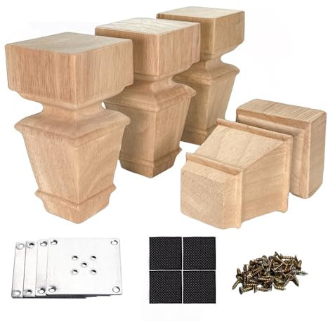 5 Inch/12 cm Wooden Furniture Legs with Mounting Plates Screws Set of 4 Solid Wood Unfinished European Style Replacement Furniture Feet for Couch Cabinet Sofa Ottoman Home DIY Projects (5 inch)