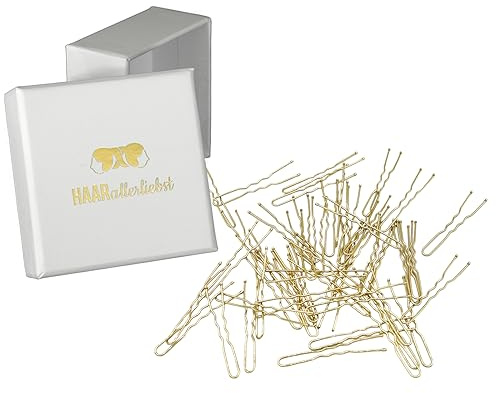 HAARallerliebst® Lot de 50 épingles à cheveux dorées de 5 cm avec boîte de rangement – Pinces à cheveux en forme de U – Fourchettes à cheveux pour femmes et filles (doré ; couleur de la boîte : blanc)