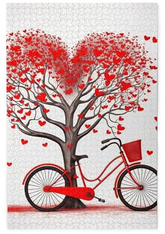 Valentinstag Fahrrad Baum Rot Herz Zyklus Puzzles 1000 Teile Holzpuzzle Personalisiertes Fotopuzzle für Erwachsene Freunde Bild Puzzle Geschenke für Hochzeit Geburtstag Valentinstag Home Decor