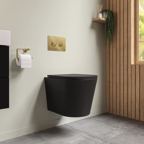 Verona Black Wall Hung Rimless Toilet with Soft Close Seat Cistern Frame and Brushed Brass Flush