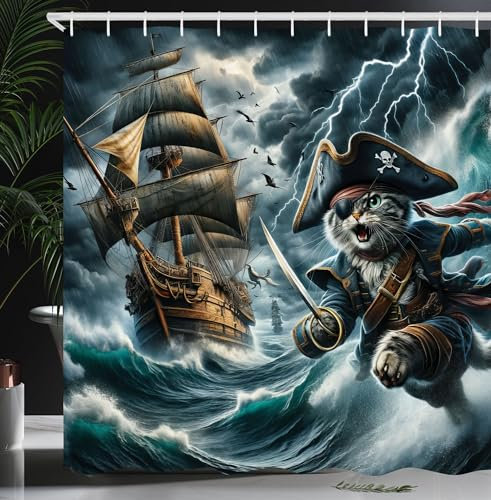 ABAKUHAUS Chat Rideau de Douche, Conception De Concept Bohème Moderne du Milieu du Siècle avec, Material Resistente al Agua Durable Estampa Digital, 175 cm x 200 cm, Bleu Ardoise Foncé et Ambre