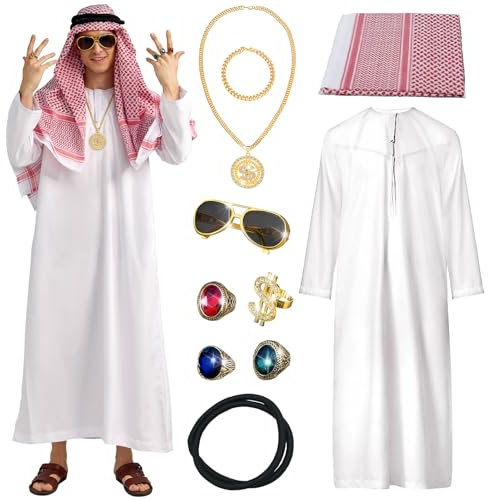 Ulikey Scheich Kostüm Herren, Araber Kostüm, Kostüm Scheich Araber, Arabisches Weißes Gewand mit Kopftuch, Finger Ring, Halsketten, Sonnenbrillen für Party, Cosplay (XL)