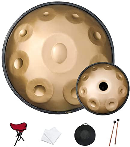 Golden Handpan Drum Percussion, Hand Pan Steel Drum 17 Notes 22 Inch 440hz In D Moll with Soft Handpan Case, Durable Handpan Stand