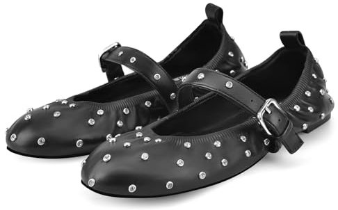 MIRAAZZURRA Damen Ballerinas Flach mit Strass Roude Zehen Schnalle Riemen Weiche Schuhe für Freizeit Arbeit Schwarz 38EU