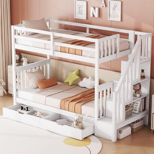 Dolamaní Letto a soppalco 90 x 200 cm, letto a castello 2 bambini, lettino con scale, alta protezione contro le cadute, cassetto sotto il letto, scomparti laterali bianchi