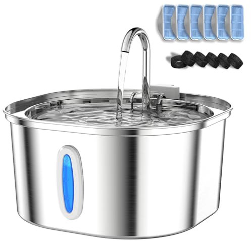 Katzen Wasserbrunnen - 3,2L/3,061.7 g Edelstahl Haustier Wassertrinkbrunnen für Katzen Innen, Hund Wasserbrunnen mit Wasserstandsfenster und 6 Filter + 6 Schwämme