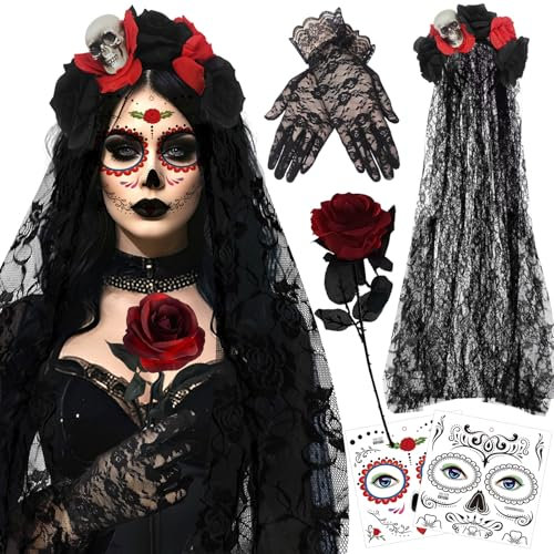 Ycaaeo Cerchietto Giorno dei Morti Rose 100CM,Velo per Halloween con Rose,Guanti di Pizzo e Tatuaggi per il Viso di Halloween per Accessori per Costume di Haalloween per il Viso Donna (Nero/Rosso)