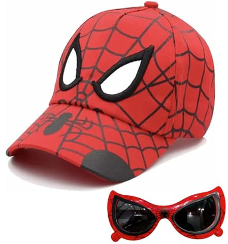 Cappellino Baseball, Berretto Spiderma Bambino, Cappello con Visiera Occhiali da Sole Bambino Cappello Baseball Regolabile Occhiali da Sole Bambini Protezione UV Berretto e Occhiali Gadget, Rosso