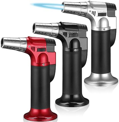 Lot de 3 chalumeaux de cuisine avec serrure de sécurité rechargeable, brûleur à gaz butane pour cuisine, desserts, crème brûlée, camping, barbecue, soudure (butane non inclus)