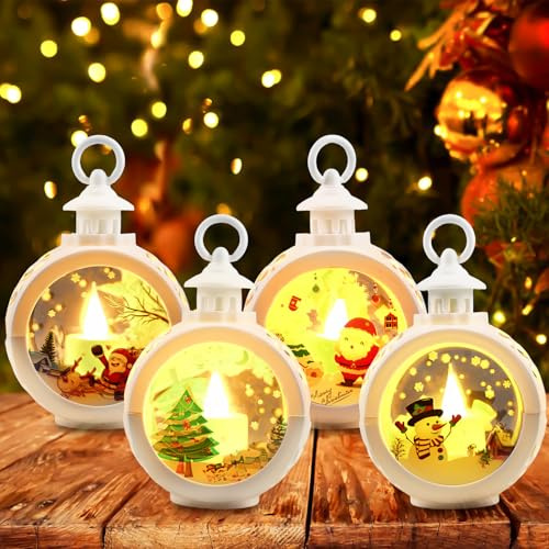 Weihnachtslaternen, 4 Stück, Weihnachtsdekoration, mit warmweißem LED-Licht, Weihnachtslaterne mit LED-Kerzen, Weihnachtsdekoration für drinnen und draußen, batteriebetrieben