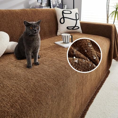 JIcloun Braun Sofa überwurfdecke L Form Große 1 2 3 4 Sitzer Sofadecke Kuscheldecke Chenille Couch Überwurf Tagesdecke mit Fransen, Wasserdicht 180x340cm