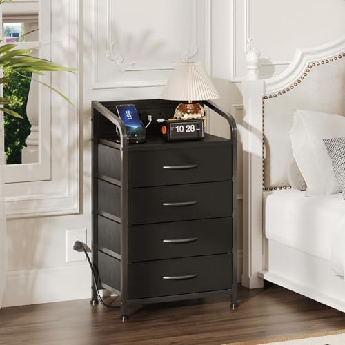 MUTUN Bedside Table Cabinet with Drawers and Charging Station, Small Nightstand for Bedroom, Storage Chest of Drawers for Living Room, Hallway, Entryway, Black