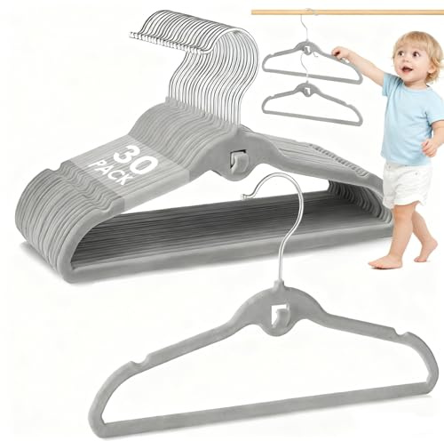 Baby-Samt-Kleiderbügel, 30 Stück, 27,9 cm, grau, Kinder-Kleiderbügel für Schrank, rutschfeste Kleinkind-Kleiderbügel für Kinderzimmer, dünn, platzsparend, stapelbar, Kinder-Kleiderbügel mit 360°