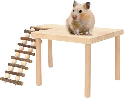 CYSFETENA 2-lagige Hamster etage Kletterplattform aus Naturholz mit Leiter, Hamster Etage für Spiel Bewegung und Ruhe, Bucatstate Holzspielzeug für Ratten und kleine Haustiere
