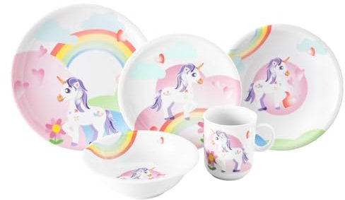 Seltmann Weiden Compact Kindergeschirrset 5-teilig, Teller-Set Schale und Becher für Kinder, Kinderservice mit bunten Motiven, Porzellan, Mein kleines Einhorn