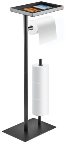 Toilet Roll Holder Free Standing, Black Stainless Steel Standing Toilet Roll Holder with Shelf, Floor Standing Loo Roll Holder Stores 4 Rolls