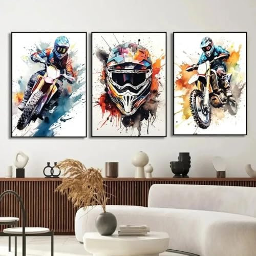 3er Set Leinwandbilder Poster Graffiti Dirt Bike Motocross Motorrad Motorrad Bilder Wandkunst Malerei Geschenk Junge Schlafzimmer Wohnzimmer Schlafsaal Galerie Korridor Dekor Bilddrucke, A4 (21X30CM)