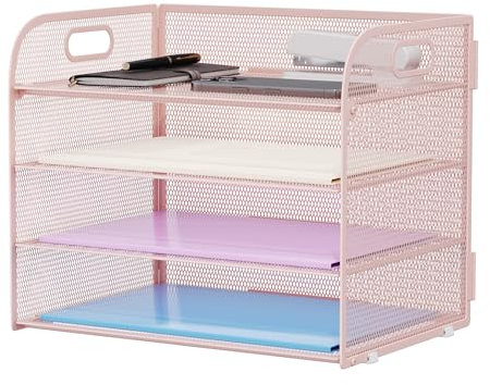 Marbrasse Desk Trays Organiser,4 Tier Letter Paper Tray with Handle,Mesh in Tray for Desk Office Home A4 File Document Storage (Pink)