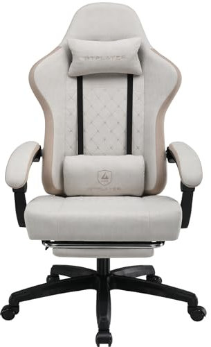 Fabric Gaming Chair with Footrest, Ergonomic Computer Desk Chair with Pocket Spring Cushion Home Office High Back Support Lumbar Support Heavy Duty Wide (Ivory)