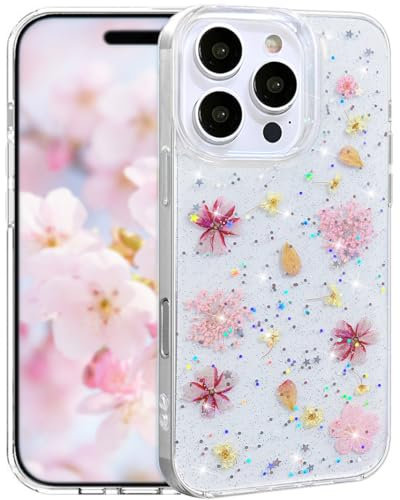 Efitoo for iPhone 13 Pro Case Clear Glitter with Flowers Design Real Dried Pressed Floral Cherry Blossom Sparkle Cute Soft Slim Aesthetic Shockproof Protective Girly Women Girls Phone Cover (Pink)