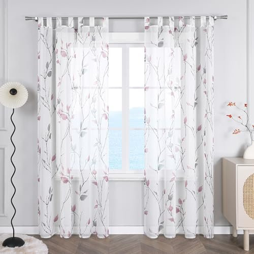ESLIR Gardinen mit Schlaufen Vorhänge Gardinenschals Transparent Schlaufenschal mit Blumen Muster Landhaus Lila BxH 140x175 cm 1 Stück